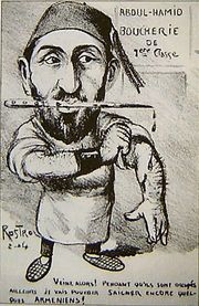 Contemporary political cartoon portraying Hamid as a butcher of the Armenians