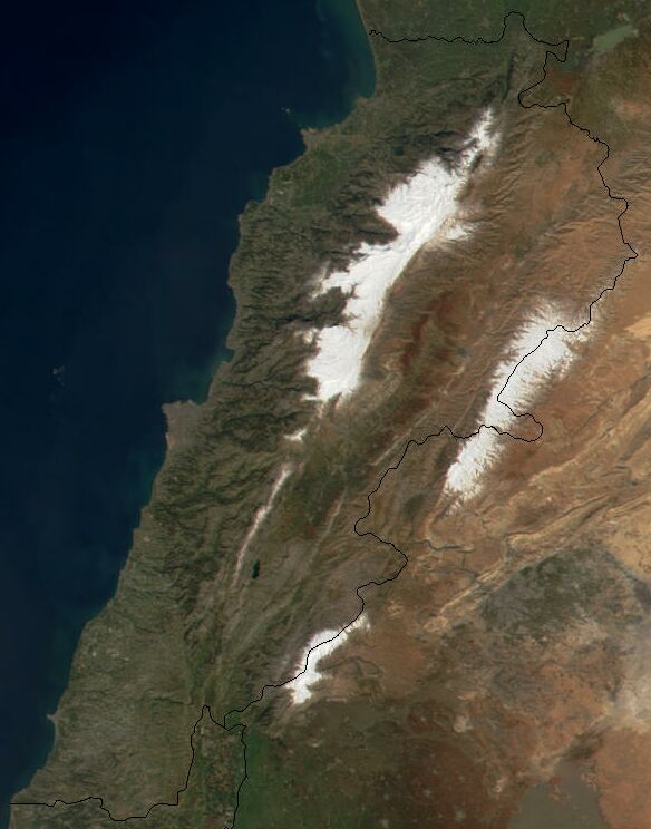 Lebanon from space. Snow cover can be seen on the western and eastern mountain ranges